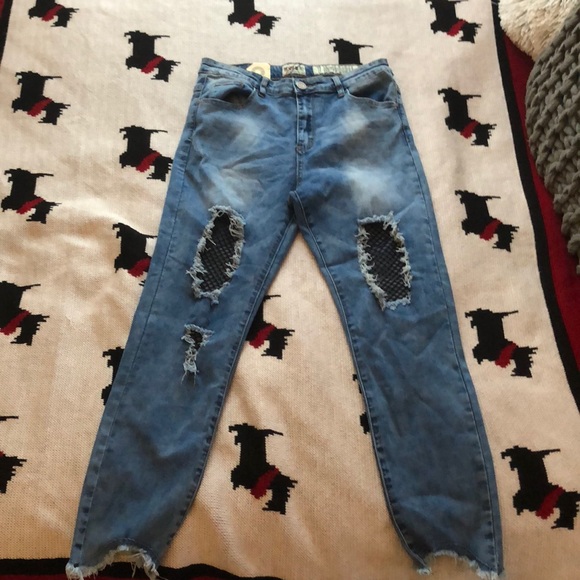Denim - Denim Blvd Medium washes distressed fishnet jeans